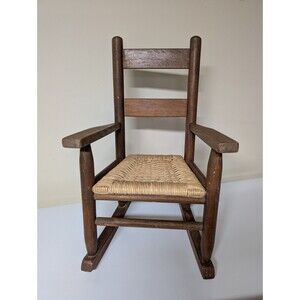 Vintage MCM 24" Wooden Child’s Rocking Chair w/ Arms & Handwoven Rattan Seat EUC